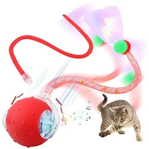 Interactive Cat Ball Toy for Indoor Cats, Automatic Moving Cat Toy Ball with Chirping Bird Sound and Tails, USB Rechargeable Cat Roller Ball Toy with 3 Motion Modes, Stimulate Cats' Hunting Instincts