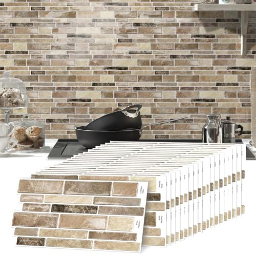 Lot de 20 autocollants pour carrelage de salle de bain - Motif mosaïque - 12 x 24,6 cm - Pour cuisine, salle à manger, salle de bain - Marron