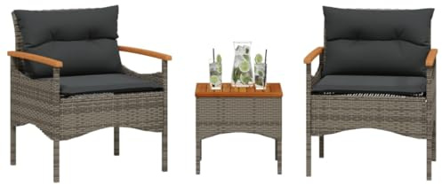 Teenpull 3-TLG. Garten-Sofagarnitur mit Kissen, Grau Poly Rattan, Akazienholz Tischplatte, UV-beständig, wetterfest für Patio, Balkon, Terrasse