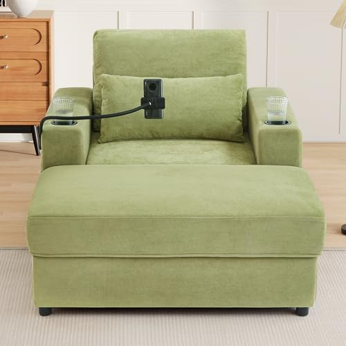 Merax Modern Oversized Chaise Longue Chair with Movable Storage Ottoman, 2 USB Ports, 2 Cup Holders, a Phone Holder, Side Pockets, 42.5 Reclining Chair for Living Room, Bedroom, Green