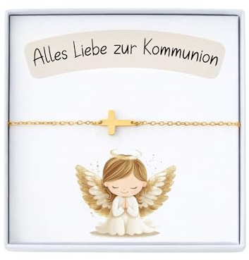 Armband Kinder – Kreuzarmband – Geschenk zur Kommunion – Verstellbares Armband Mädchen & Junge (12+3 cm) mit Geschenkbox (Gold)