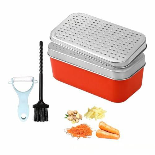 Grattugia Formaggio Manuale in Acciaio Inox con Contenitore, 2 Lame Intercambiabili, per Formaggio Grattugiato, Verdure, Zenzero, Frutta, con Coperchio e Spazzola (Rosso)