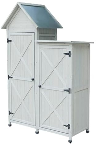 JHNKOJ Wooden Potting Table with Storage Cabinet and 3 Shelves Garden Tool Shed with Galvanized Plated Tabletop for Outdoor Yard Lawn Equipment,One Color-Gray