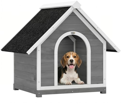 PawHut Außen-Hundehaus aus Holz mit Öffnung 84x101x86cm Grau/Weiß | Leicht zu reinigen, wasserdichtes Asphaltdach, erhöhte skandinavische Villa