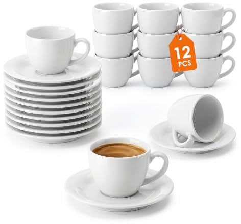 Porzellan Kaffeetasse mit Untertasse weiß 140 ml bauchig - 24-teilig | Tassen Set für Hochzeit, Gastronomie, Büro, Zuhause - Kaffeebecher Teetasse Kaffeeservice für Kaffee Tee Kakao Cappuccino