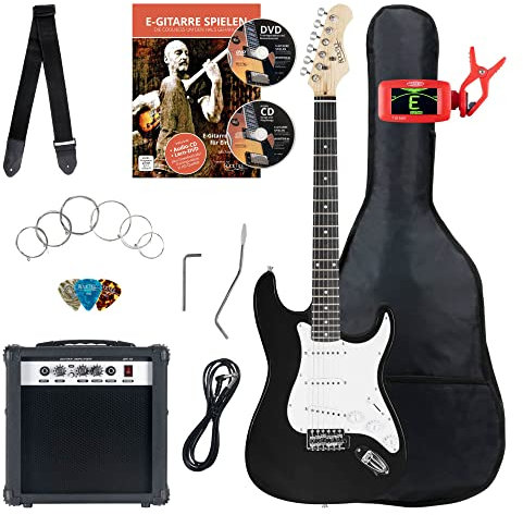 Rocktile ST-Pack Komplettset E-Gitarre Black (Verstärker, Stimmgerät, Tremolo, Tasche, Kabel, Gurt, Plecs, Ersatzsaiten und Schule mit CD/DVD)