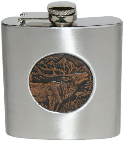 Flasque en cuir avec motif cerf et chasseur - En acier inoxydable - Avec motif cerf marron en relief - Fait à la main