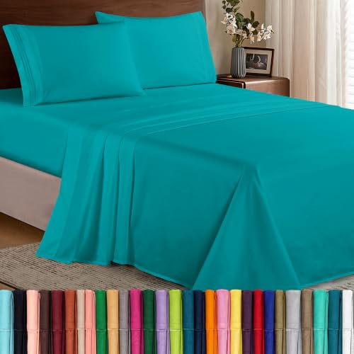 Elegance Linen ® Juego de sábanas de 1500 Hilos, Resistente a Las Arrugas, Ultra Suave, de Lujo, 4 Piezas, Bolsillo Profundo de hasta 16 Pulgadas, Muchos tamaños y Colores, California King, Turquesa