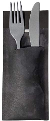 520 Bestecktaschen mit Serviette schwarz marmoriert 20 cm