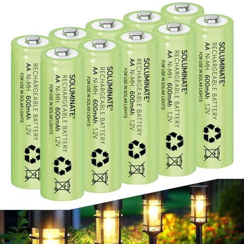 Soluminate Rechargeable AA Solar Light Batteries (600mAh) Replacement for Outdoor Garden Solar Lights, Driveway Lights, and Solar String Lights. Latest 1.2V NiMH Technology (10-Pack)