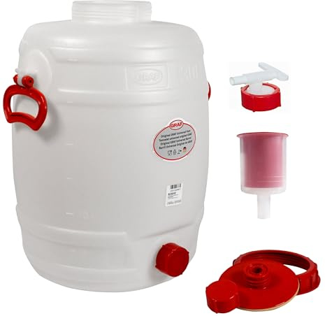 Graf Getränkefässer Saftfässer Kunststoffässer 10-500 Liter (Graf Getränkefass Rund 30 Liter mit Auslaufhahn NW 15 und Gärspund)