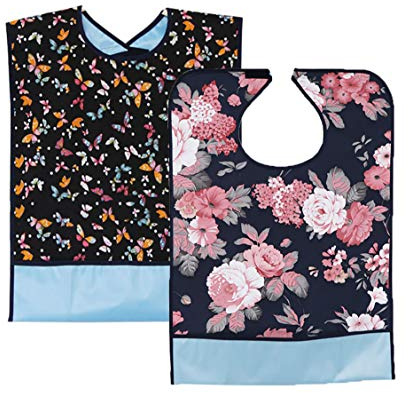 ADOROU Lätzchen für Erwachsene, wasserdicht, 2 Stück, waschbar, wiederverwendbar, mit Krümelfach und Klettverschluss, für ältere Männer, Frauen, Senioren (Blume +