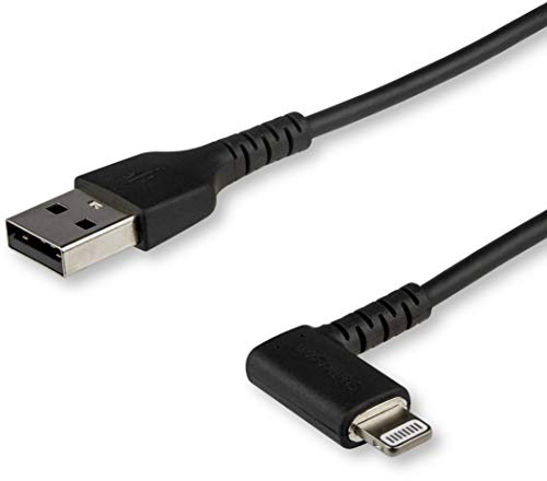 StarTech 2m/6.5ft Angled USB-A to Lightning Cable, Black (RUSBLTMM2MBR) | Right-angled rugged aramid fibre, USB 2.0 480Mbps, Apple MFi Certified, Charge & sync, For iPhone iPad, 90-degree connector