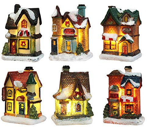 Bseical Weihnachtsdorf mit Beleuchtung Groß, Weihnachtsdorf Set mit LED, Weihnachtsdorf Beleuchtet Miniatur, Weihnachtsdeko Figuren Tisch Deko, Weihnachtsdeko zum BAU Chic Selber Machen (6Pcs)