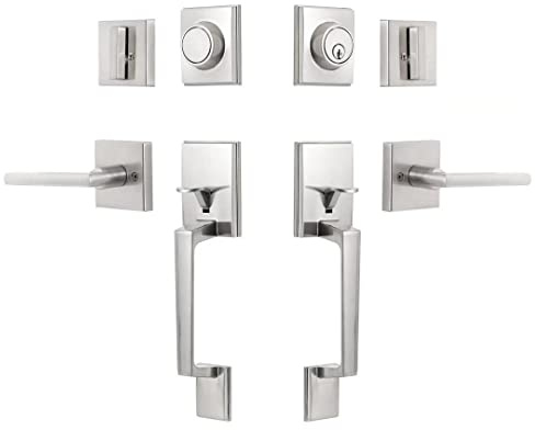 GUA OYH Door Handle Sets Double Front Door Handle Set with Handle Lever Satin Nickel Double Door Handleset with Dummy Heavy Duty Front Door Lock Set Double Door Handles for Front Door or Office Door