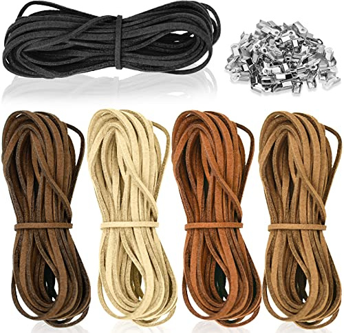 Lederschnur 5 Stück Lederband Kette 5M x 2.6mm Leder Schnur Faux Faden Veloursleder Band Faden Lederbänder Zum Basteln mit 100pcs Schnurenden für DIY Armband Halskette Schmuck Handwerk