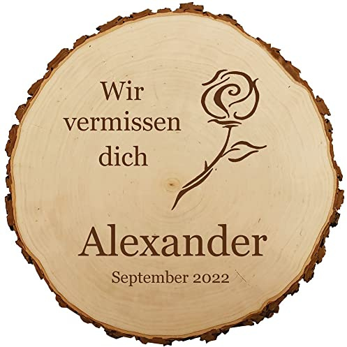 Baumscheibe 18cm mit Gravur (Namen, Datum) personalisierte Holz-Gedenktafel, Grabschmuck, Trauer Gedenkschild, Andenken an Verstorbene, Grab-Dekoration, Rose MotivTR7