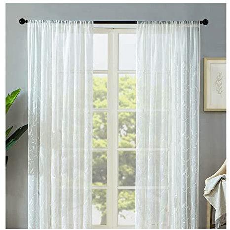 Homxi Gardinen Transparent Schlafzimmer 2er Set 2 x 132Wx115L cm,Küchengardine Transparent Weiß Bestickte Ähren vom Weizen Vorhang mit Taschen