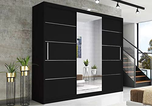 RAC3 Wardrobes for Bedroom with Mirrored Sliding Door & LED Light Premium Wardrobe Storage with Sleek Design comes in Colours Black/White/Grey/Oak- Different Sizes from 120cm - 250cm (Black, 250cm)