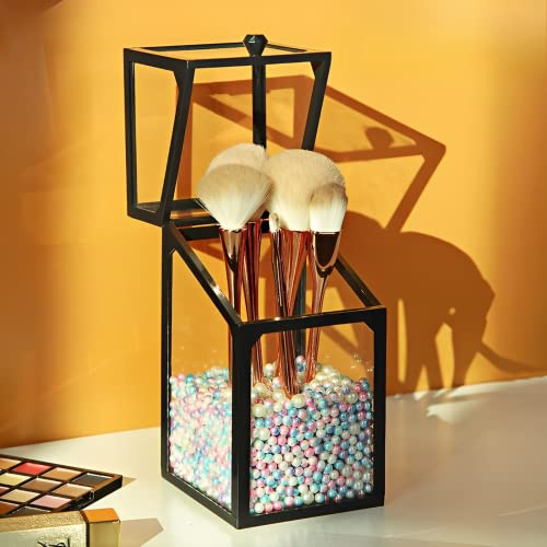 Wanwanzi Soporte para brochas de maquillaje con tapa, organizador de brochas de maquillaje de cristal vintage con perlas coloridas para tocador – ideal para lápices de cejas, delineadores de ojos y