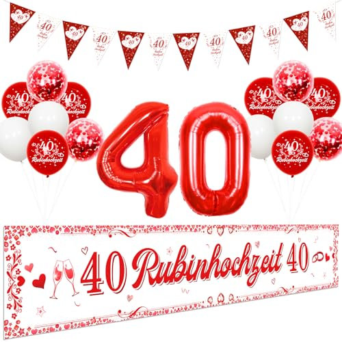 Cheereveal Rubinhochzeit Dekoration, 40 Rubinhochzeit Hofbanner, Rote Nummer 40 Folienballons, Wimpel Flagge, Alles Gute zum 40. Hochzeitstag, Rubin Hochzeit Partybedarf Deko für Paar Eltern