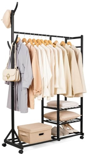 Yorbay Garderobenständer Bambus Kleiderständer mit Rollen, mit Kleiderstange, 3 Ablagen und 6 Haken, Baumform, 100 x 38 x 176 cm (Schwarz)