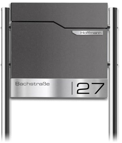 Metzler Design Briefkasten mit Pfosten Thobe - inkl. V2A Edelstahl-Namensschild - Standbriefkasten in DB 703 Eisenglimmer - Postkasten inkl. Zeitungsfach - Größe: 37 x 37 x 10,5 cm