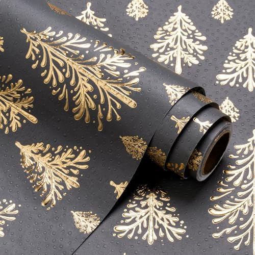 RUSPEPA 3D-Weihnachts-Geschenkpapierrolle aus Kraftpapier – Mini-Rolle – 43,2 cm x 5 m – goldenes und dunkelgraues Weihnachtsbaum-Design mit Prägung, perfekt für Feiertage, Partys und Feiern