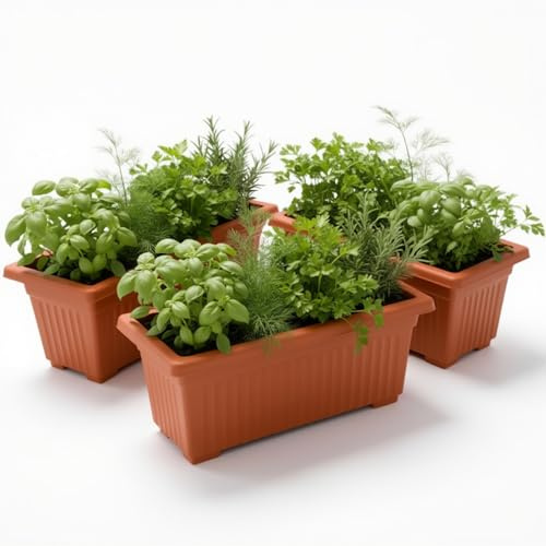 SIDSONS 70cm Long Garden Planter Raised Terracotta Plant Pot,Windowsill Patio Large Plastic Trough for Plants, Herbs, Flowers, Small Bushes Window Box Rippled Effect, Optional Drainage Holes Set Of 3