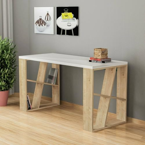 Dmora - Scrivania Keid, Scrittoio multiuso, Tavolo per ufficio porta PC, Piano di lavoro, 140x60h75 cm, Bianco e Rovere