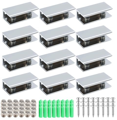 12Stk Glasklemmen 6-8 mm, Glasklemme Rechteckig, Glasclip Glasregal Halterung Silber Aluminiumlegierung Klemmhalter für Glasplatten Glashalter für 6-8 mm Dicke Glas Acrylglas (L) (58 x 23 x 13.5 m)