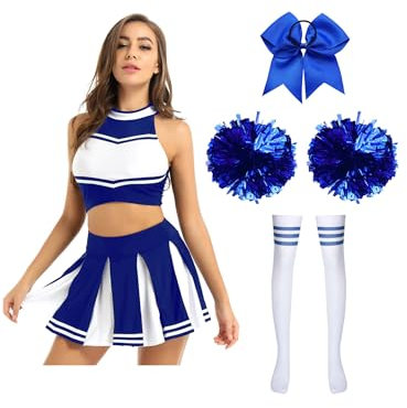 Xnihocha Damen Cheer Leader Cheerleading Kostüm mit Pompons & Socken & Haarband Halloween Party Cheers Uniform Outfit Blau B S