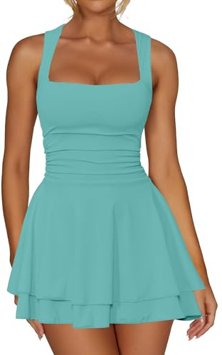 Kaximil Women's Square Neck Ruffle Hem Mini Dress Ruched Waist Short Party Dresses, X-Large, Blue
