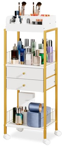 Makeup Organizer Cart Shelf Floor Skincare Organizers Make Up and Station Storage Cabinet For Vanity Standing Cosmetics With Drawers and Wheels For Nail Polish Perfume Hair Tool Holder Beauty(Gold)