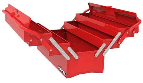 EXCEL Metal Tool Box 3 Tier 4 Tray Professional Portable Storage Cabinet Workshop Cantilever Toolbox with Carry Handle, 49.5cmx20cmx29.5cm, Red