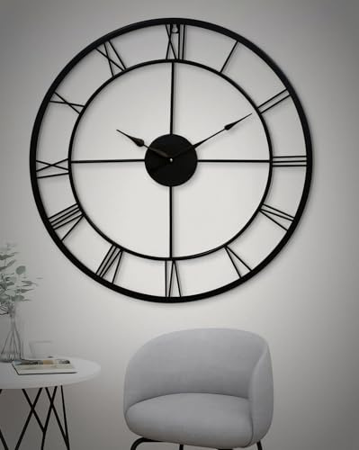 Large Metal Wall Clock 78cm, Silent Non-Ticking, Roman Numerals, Vintage Skeleton Design, Indoor/Outdoor Use, Black Round, Battery Powered, Perfect for Living Room, Bedroom, Kitchen, Cafe, Office Deco
