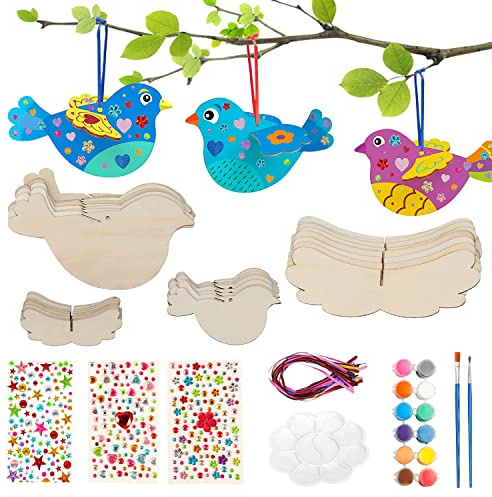 Yi'antai 3D Vögel aus Holz, 16 Stück 3D Vögel Bastelset Holz, Ostern Basteln mit 3 Acryl Bohrer Aufkleber und 12 Farbe, 2 Pinsel, 1 Malschale Ideal für Kunst und Basteln mit Kindern