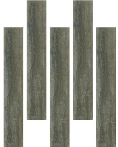 Mikikit 5pcs Vinyl Floor Stickers Peel and Stick Bathroom Adhesive Floor Tiles Wood Grain Laminate Flooring Packs Removable Decals for Kitchen Office