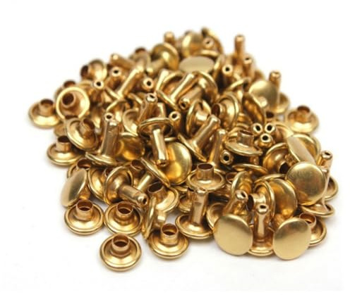 Juego de 100 remaches de cuero, tachuelas huecas, doble tapa de piel, remaches planos, redondos, de doble cara, para manualidades, accesorios, bolsos, reparaciones, ropa, oro, 8 x 8 mm