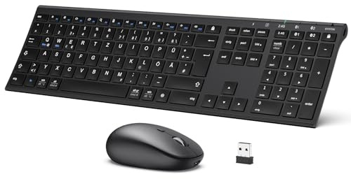 iClever Bluetooth-tangentbord med mus, uppladdningsbart dubbelt läge USB och Bluetooth-tangentbord av metall, ultratunt tyst tangentbord mus set trådlöst för PC/surfplatta/MacOS, QWERTZ layout
