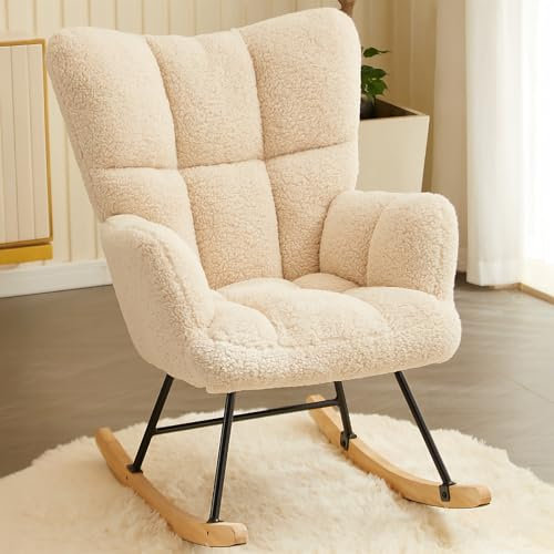 Genérico Sillón balancín Lana de Cordero Tapizado hasta 136 kg de Carga Beige Sillón de salón Dormitorio Balcón