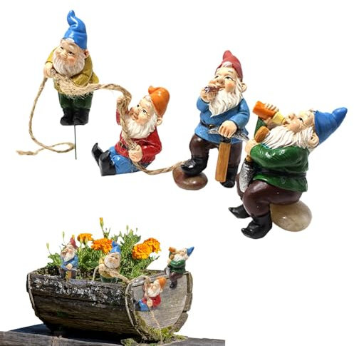 Liqzirtu Figuras De Gnomos De Jardín Hadas, Estatua Decoración Jardín para Jardín, Decoración Del Hogar Al Aire Libre, Juego Jardín 4 Gnomos, Cuerda Escalada,