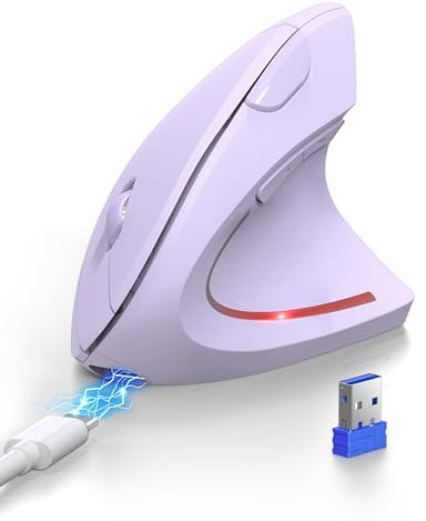 TECKNET Mouse Verticale, Mouse Bluetooth Ergonomico Ricaricabile, Wireless Ottico Right Handed 6 Pulsanti, Multi-dispositivo (BT5.0/3.0+USB-A), 4800 DPI 6 Livelli Regolabili, Ampia compatibilità-Viola