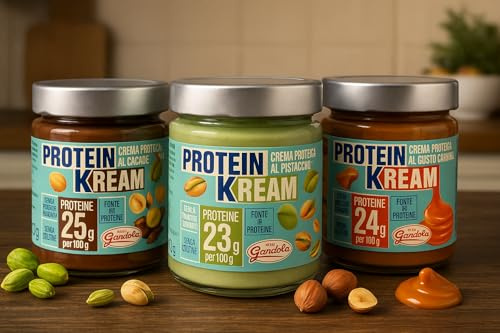 Crema Spalmabile Proteica – Set 3 Gusti: Cacao Nocciole, Pistacchio, Caramello Salato – 3 Vasetti da 200g – Senza Zuccheri Aggiunti, Senza Glutine – Alta Percentuale di Proteine