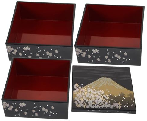 Cabilock Caja Bento Estilo Japonés de 3 Capas Diseño Monte Fuji, Caja de Comida de Plástico Negra, Segura y Multifuncional para Sushi y Postres en Reuniones Familiares
