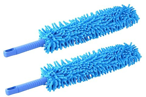 DECOMELODY 2 Pcs Blue Microfiber Dusting Brush Adjustable Bendable Chenille Cleaning Duster for Car and Household Use Reusable Electrostatic Dust Cleaner with Soft No Lint for Hard to Reach