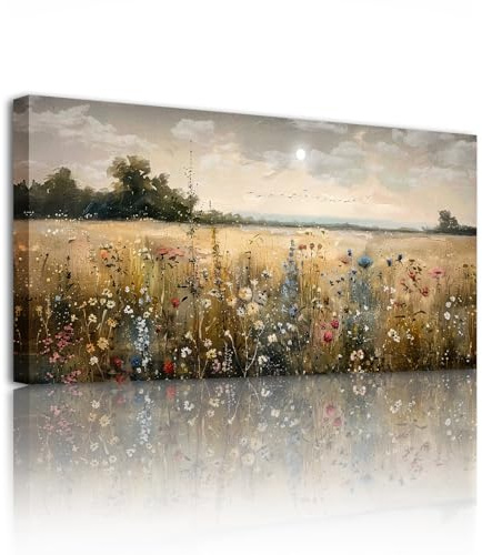 SERIMINO Vintage Wandbild Wildblume Leinwand Bilder Wohnzimmer 59x119 cm | Ländliche Wiesenlandschaft, Hd-Druck, Massivholzrahmen, Viele Größen, Einfache Montage, Vielseitig Einsetzbar, Geschenk
