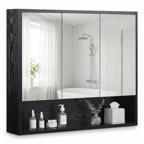 HollyHOME Badezimmer Spiegelschrank Ablage Arzneischrank 70x60cm, Schwarz | DREI Spiegeltüren, Wandmontage, WC-Schrank Medizinschrank 3-türig