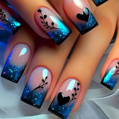 Vesavifaka Press on Nails Kurz Blaues Gradient French Tip, Herz Liebe Muster mit Glitzer, Fake Nails, Vollabdeckung Glänzende Nägel zum Aufkleben für Frauen, Nagelkunst DIY, 24 Stück