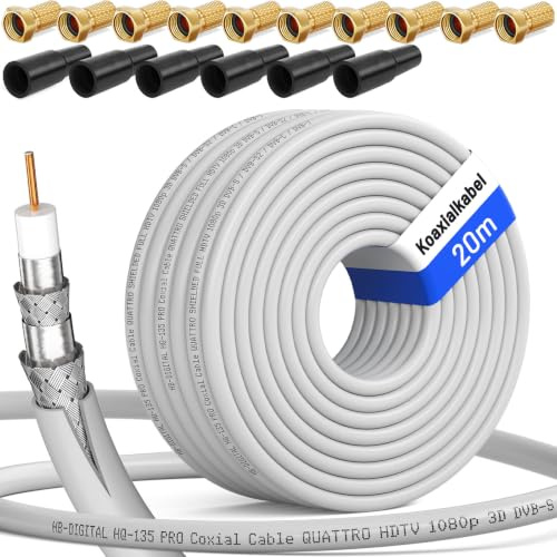 HB-DIGITAL 20m 130dB Koaxial Kabel Set SAT-Kabel inkl. 6 F-Steckern vergoldet und 3 Schutztüllen, 20m Koaxkabel für Satellitenempfang, Schirmungsmaß 130dB, bester Empfang für HDTV 3D FullHD Ultra HD